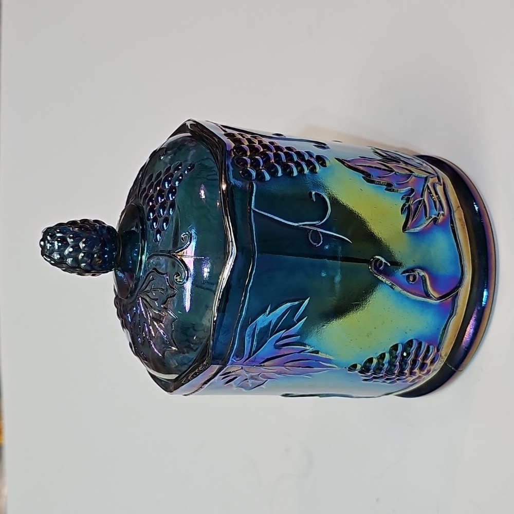 Vintage Indiana Glass Blue Carnival Glass "Harvest Grape" Jar Canister w/ Lid - Picture 8 of 16